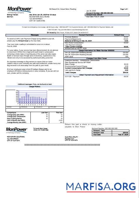 Realistic USA Mon Power business utility bill template in Word and PDF formats